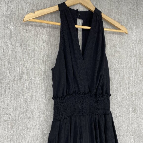 By Anthropologie Jumpsuit Womens XS Black Wide Leg Smocked Halter Keyhole V-Neck - Picture 7 of 16